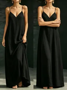 Women's summer V-neck spaghetti strap maxi dress casual solid color long dress detail view