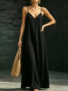 Summer black slip dress detail, v-neck long casual dress, elegant beach wear style.
