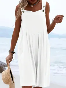 Women white sleeveless loose wide leg jumpsuit casual summer beach overall apparel.