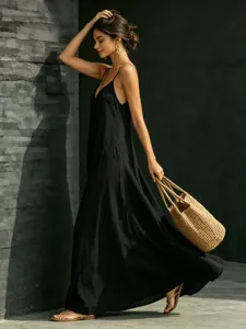 Women summer V-neck spaghetti strap long slip dress casual solid color maxi dress details