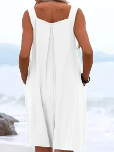 Back view of a casual white sleeveless wide-leg jumpsuit, featuring a comfy beachwear fit.