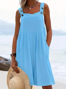 Women Summer Casual Solid Color Sleeveless Button Strap Loose Beach Jumpsuit Overalls