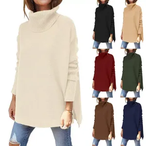 Damen Hoher Kragen Fledermausärmel Mittellanger Pullover Lässiger Einfarbiger Strickpullover Winter Top