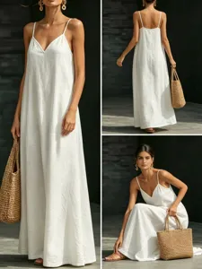 Women summer solid color V-neck spaghetti strap maxi dress, elegant casual long slip dress.