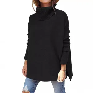 Damen lässiger schwarzer Rollkragen Fledermausärmel Pullover grobgestrickt Oberteil.
