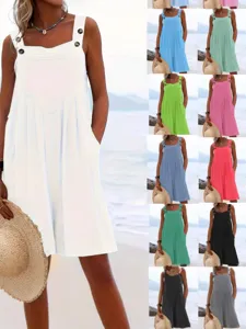 Women's Casual Solid Color Sleeveless Jumpsuit Loose Fit Wide Leg Overalls With Pockets For Summer Beach Vacation Daily Wear