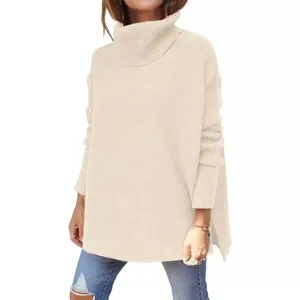 Damen Einfarbig Rollkragen Oversized Strickpullover Langarm Winter Lässiger Pullover Top