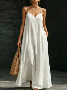 Summer casual white strap maxi dress detail, V-neck design, elegant flowy style.