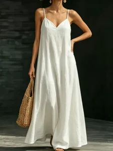 Summer V-neck spaghetti strap maxi dress, casual loose solid color long dress for women.