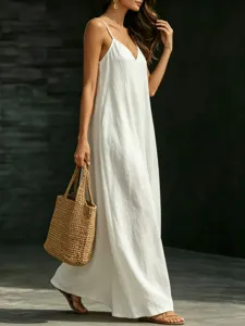 Elegant women's summer white V-neck spaghetti strap maxi dress, casual loose long beach dress.