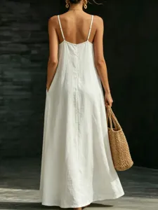 Women white spaghetti strap maxi dress summer casual solid color sleeveless long dress pocket
