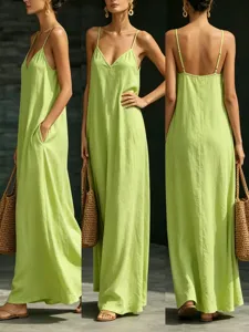 Summer casual solid color V-neck sleeveless strap maxi dress with large hem for women.