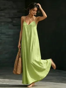 Women Summer V-Neck Spaghetti Strap Maxi Dress Casual Solid Color Long Dress Outfit