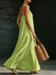 Fashion Women Summer V-Neck Slip Long Dress Casual Solid Color Sleeveless Maxi Dress