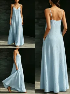 Light blue V-neck spaghetti strap maxi dress, casual solid color long dress side view.