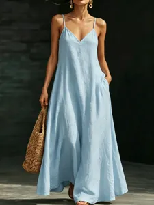 Detailed view of a casual summer V-neck spaghetti strap maxi dress in light blue, perfect style.