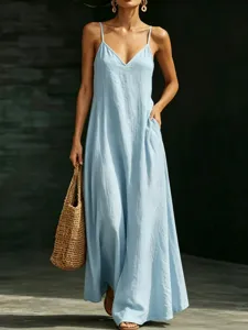 Details of light blue V-neck spaghetti strap maxi dress, casual solid long dress design.