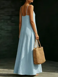 Back view detail of casual light blue strap maxi dress, elegant solid color vacation wear.