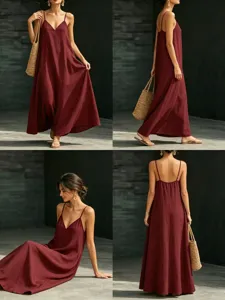 Detailed view of a elegant burgundy V-neck slip maxi dress styled with a woven straw bag.