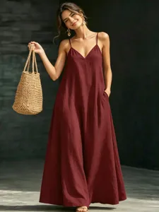 Summer V-neck spaghetti strap maxi dress, solid burgundy casual long dress with pockets.