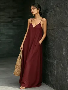 Elegant burgundy V-neck spaghetti strap maxi dress for women, casual summer long dress.
