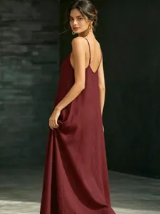 Burgundy slip maxi dress casual V-neck summer long dress for women detail view