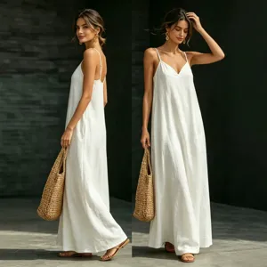 Women's Summer Casual V-Neck Spaghetti Strap Solid Color Long Beach Dress Outfit