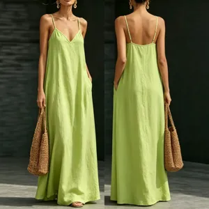 Women Summer V-Neck Spaghetti Strap Maxi Dress Casual Solid Color Long Dress with Pockets