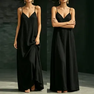 Elegant black maxi dress featuring a V-neck and delicate spaghetti straps, perfect for summer.