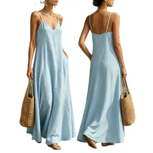 Summer casual V-neck spaghetti strap maxi dress, solid color long dress with side pockets.