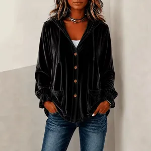 Women black velvet hooded cardigan button up autumn casual long sleeve jacket top