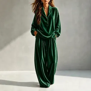 Women velvet loungewear set long sleeve lapel top and wide leg pants casual autumn outfit.