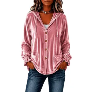 Pink velvet hooded cardigan for women, casual button down jacket with pockets and long sleeves.