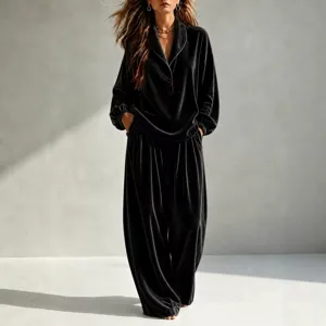 Women velvet long sleeve top wide leg pants set autumn winter casual fashion loungewear