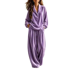Women Purple Velvet Lounge Set Long Sleeve Lapel Top and Wide Leg Pants Casual Outfit
