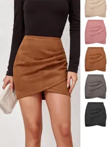 Women suede high waist mini skirt winter casual ruched wrap short skirts autumn solid color