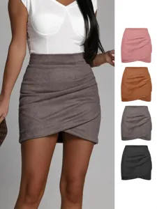 Women faux suede mini skirt ruched wrap short skirt solid color casual daily chic wear outfit