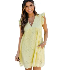 Yellow V-neck eyelet ruffle sleeve mini dress casual summer beach vacation wear with pockets