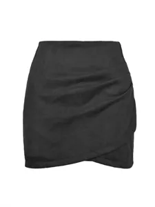 Black faux suede mini skirt featuring a high waist and stylish asymmetric ruched design.