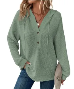 Felpa con cappuccio in maglia waffle maniche lunghe scollo V coulisse bottone top dettaglio