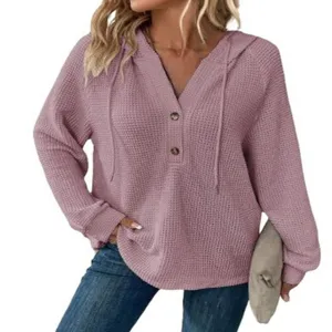 Felpa con cappuccio casual in maglia waffle scollo a V con bottoni e coulisse per donna.