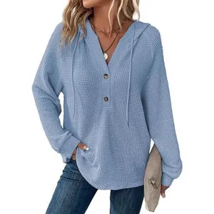 Felpa con Cappuccio Maniche Lunghe Scollo a V Coulisse in Maglia a Waffle da Donna Top
