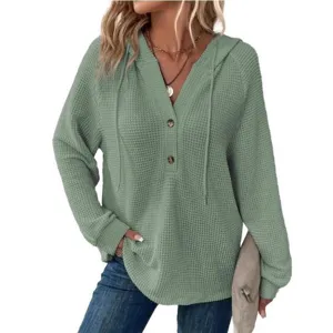 Felpa Donna Casual in Maglia Waffle con Cappuccio Scolollo a V Maniche Lunghe Bottoni