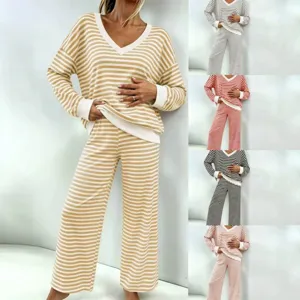 Women's Casual Striped Color Block V-Neck Long Sleeve Top And High Waist Straight Loungewear Sleep Pants For Home Daily