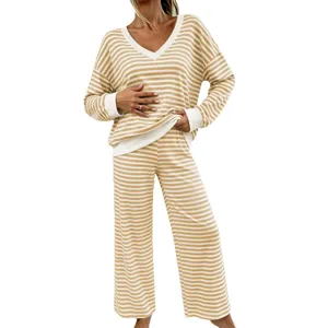 Striped V-neck loungewear set with long sleeve top and wide leg pants for daily wear.