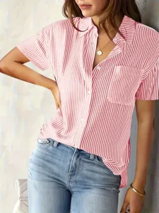 Casual women's red and white striped short sleeve button-down shirt for summer daily wear.