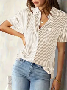 Casual striped short sleeve button down shirt for women, perfect for daily wear and summer.