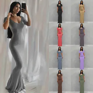 Women Casual Modal Blend Slim Fit Maxi Dress Solid Color Short Sleeve Crew Neck Elegant Long Dress Party Wear