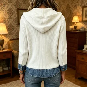 Back view of women casual white knit hoodie with denim patchwork hem and cuffs for autumn.