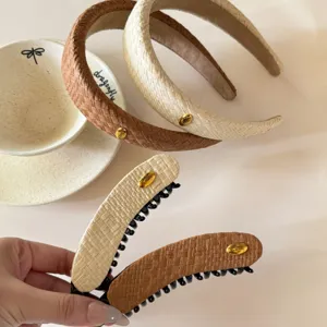 Elegant woven straw headbands and banana hair clips with chic gold metal details for daily wear.
